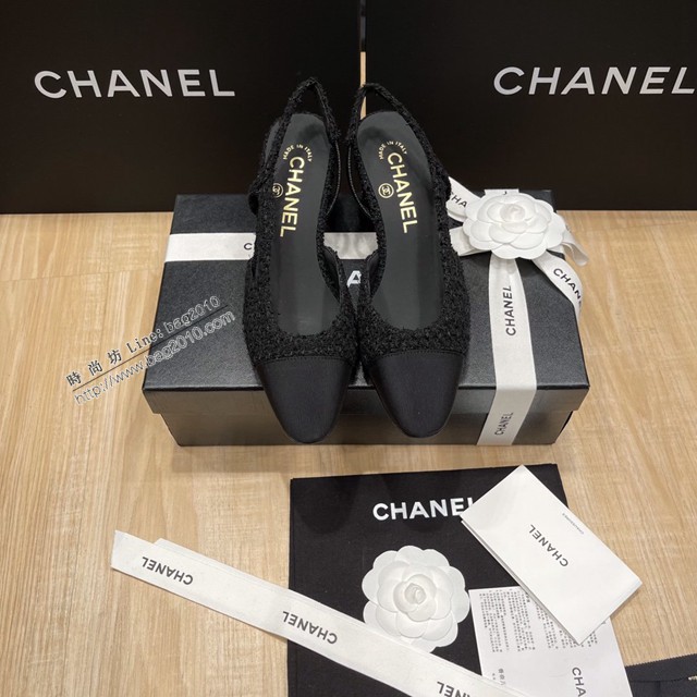 Chanel專櫃經典款女士拼色涼鞋 香奈兒時尚slingback拼色涼鞋平跟鞋中跟鞋 dx2578